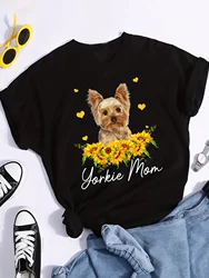 Sunflower Yorkie Mom Dog Print T-Shirt Casual Short Sleeve Crew Neck T-Shirt For Spring & Summer Women's Clothing