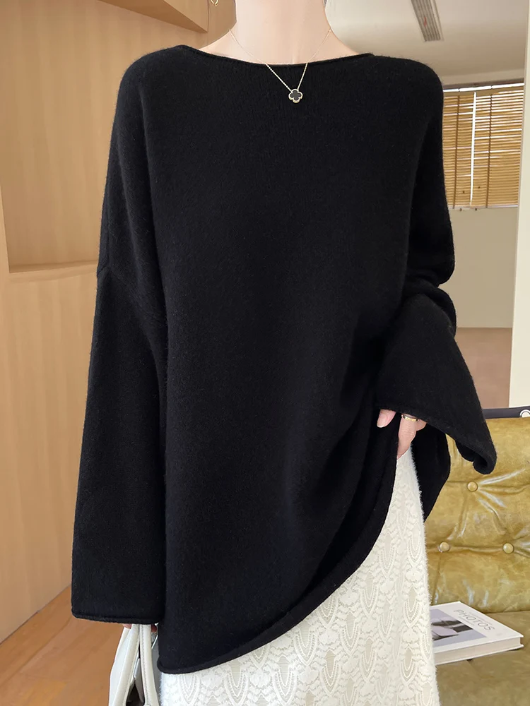 High Quality Women Long Cashmere Sweater Slash Neck Long Sleeve Pullover Autumn Winter Grace Loose 100% Merino Wool Knitwear