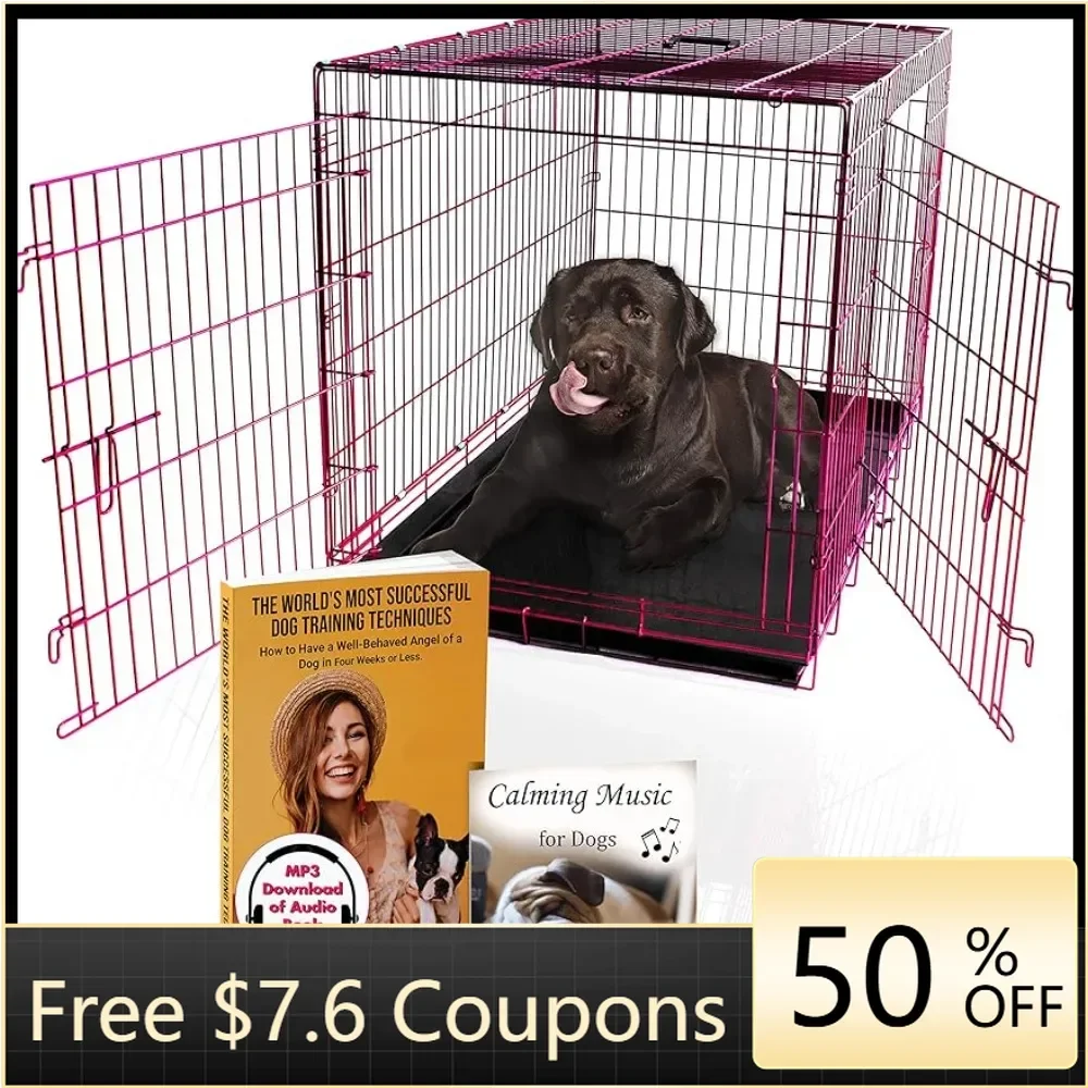 Luxury Colorful 48 Inch Foldable Dog Crate With 2 Doors | Free Training Ebook and Pet Calming Music | 3 Colors & 3 Freight Free