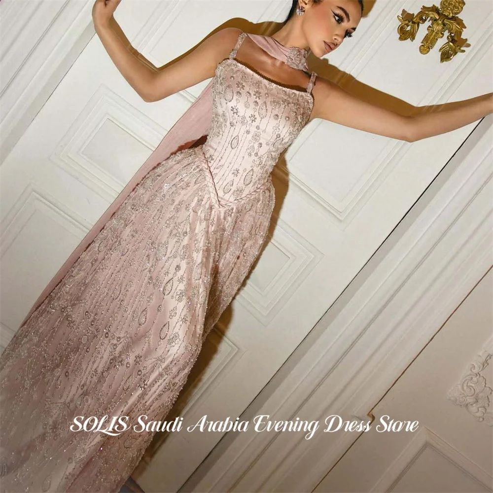 

SOLIS Blush Pink Prom Dress Spaghetti Strap A Line Celebrity Dresses Glitter Sequins Women's Evening Dress for Gala Customized