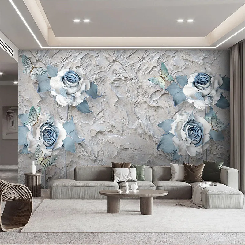 Custom 3D Retro Oil Painting Blue Flower Background Wall Minimalist European Wallpaper For Bedroom Walls Papel De Parede Tapety