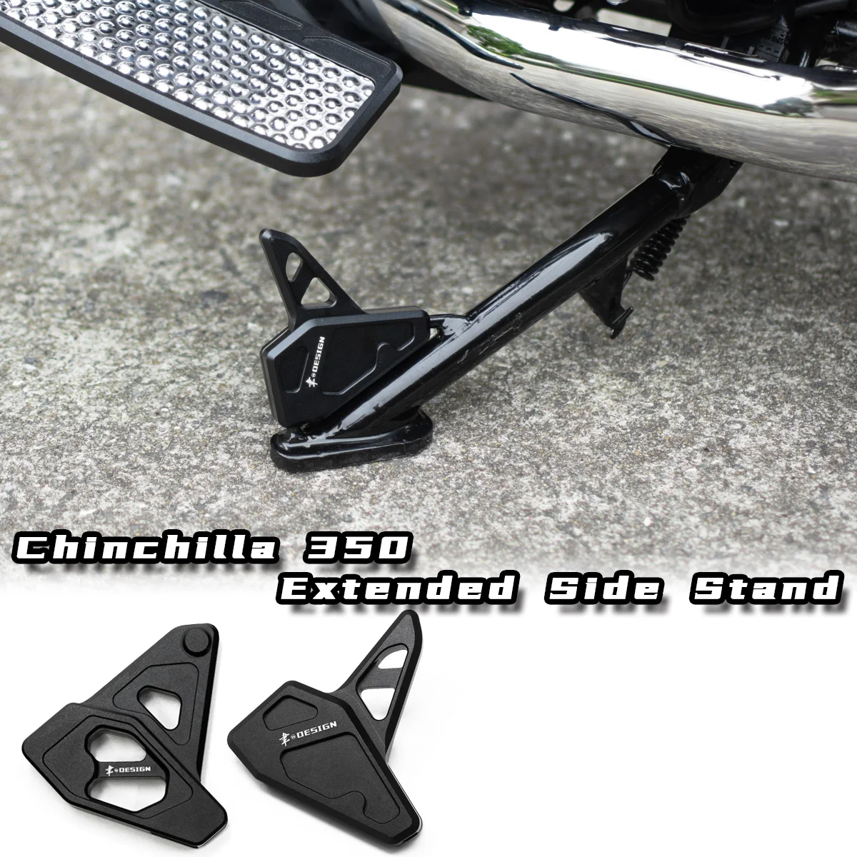 BENDA 350 Aluminum Alloy Side Kickstand Chinchilla Style Motorcycle Parking Support Tripod with Comfortable Foot Brace