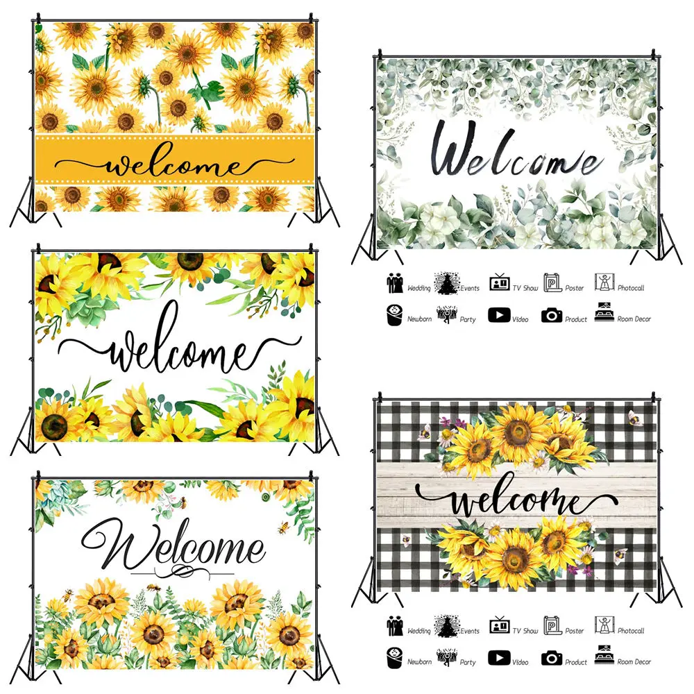 

Spring Sunflower Flowers Green Plants Photography Background Welcome Backdrop Cloth Birthday Decorations Custom Text Photozone