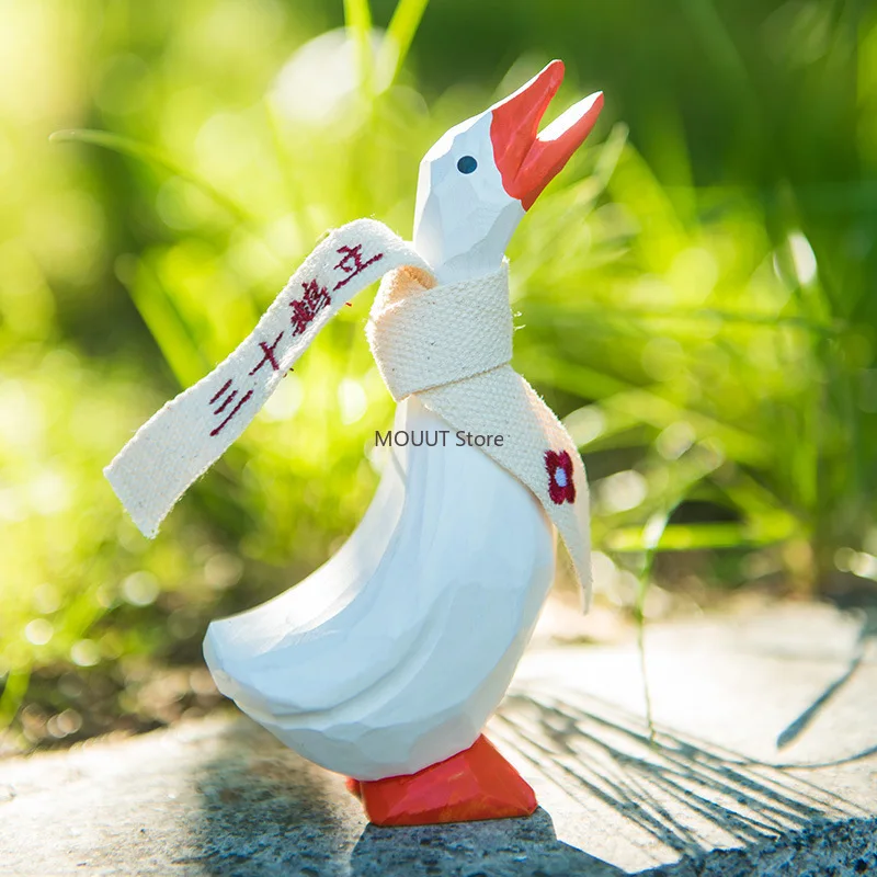 1PC White Goose Wood Statue Figure Lovers Christmas Gift Handmade Natural Craft Toys Desktop Home Decoration Creative Statue