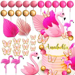 31pcs Flamingo Cake Topper Pink Butterfly Cake Decoration Hawaiian Beach Theme Cake Topper for Wedding Birthday Party Supplies