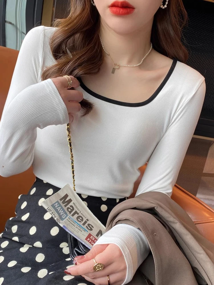 Women's Short Sleeve T-Shirt Korean Style Pure Color Slim Fit Square Collar Base Shirt Inner Wear Long Sleeve Autumn Fashion