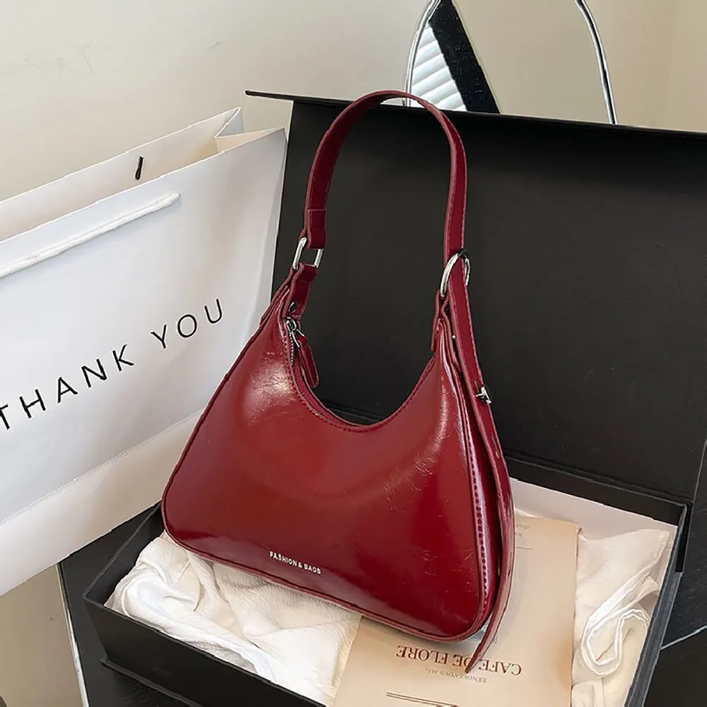 

Women Burgundy Shoulder Bag Fashion Glossy Pu Solid Color Zipper Underarm Bags Daily Shopping Commute All-Match Handbags