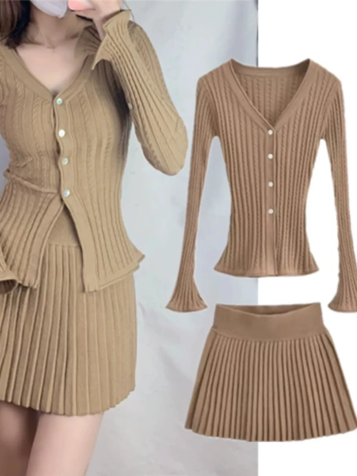 

Простой вязаный открытый кардиган с узкой талией Spicy Girl Bell Sve, плиссированная юбка с высокой талией, комплект Sli для молодых женщин