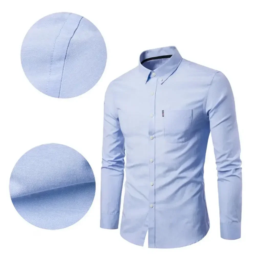 2024 Oxford Quick-Dry No Iron Shirts Men Solid Casual Slim Lapel Collar T-Shirts Long-Sleeve Formal Business Shirts Mens Tops