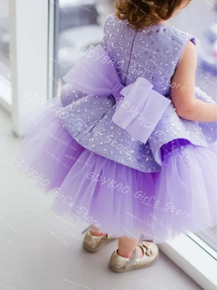 Vestido de princesa lavanda para niñas, vestidos de cumpleaños de tul escalonados, lentejuelas brillantes, longitud del té, ropa para niños pequeños, vestidos hechos a medida