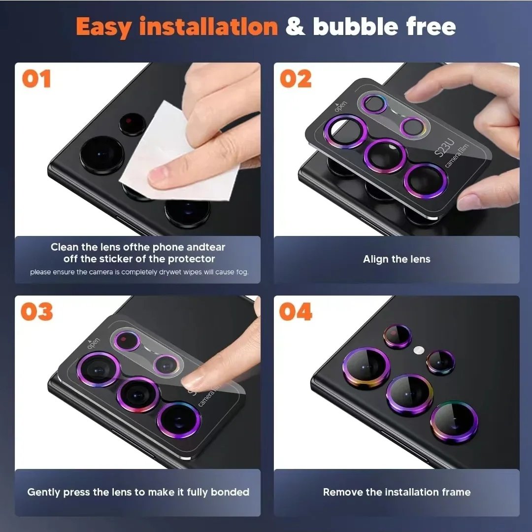 عدسة الكاميرا المعدنية فيلم الظهر الزجاج المقسى لسامسونج Galayx S24 UItra S24 Plus حامي حلقة معدنية