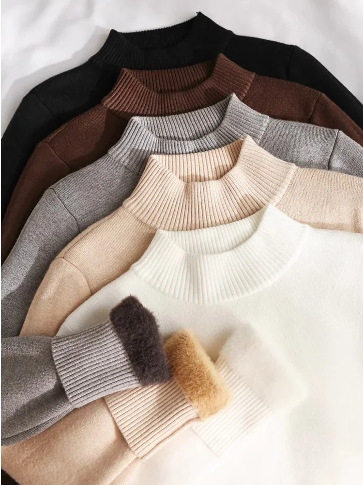 

Half Turtleneck Sweater Winter Slim Thicken Knitwear Jumper Woman Soft Knit Pullovers Casual Plush Fleece Lined Warm Malhas Tops