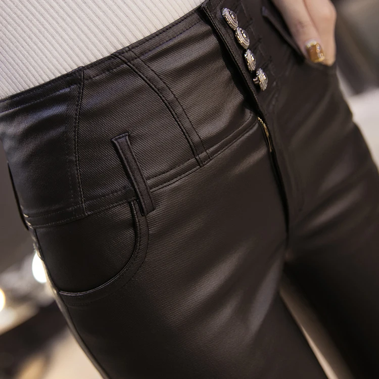 2023 winter warm woman pu leather pants women elastic velvet trousers pencil leggings tights women show thin dress