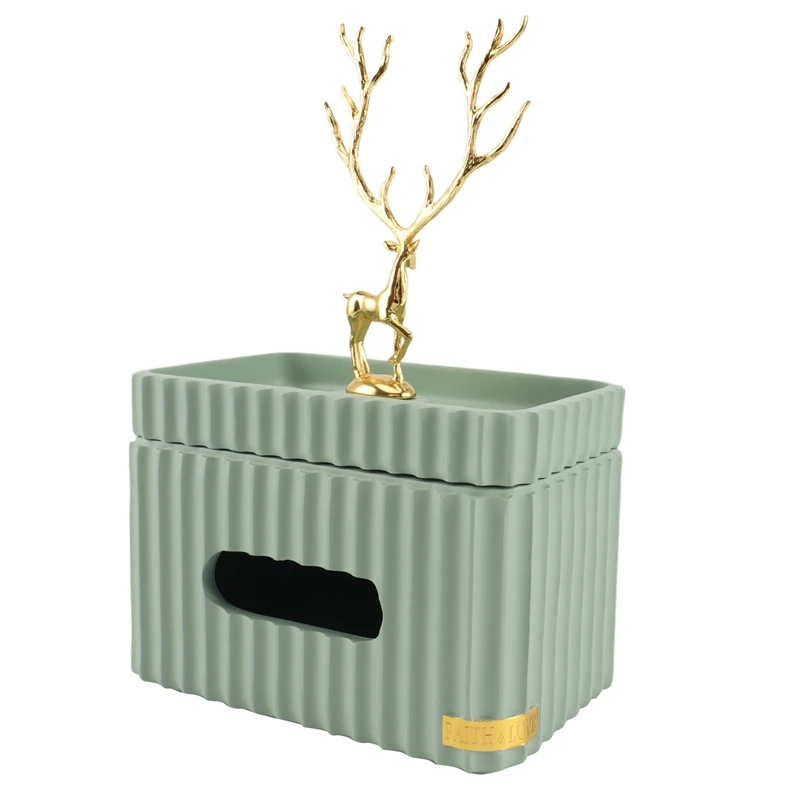 Golden Deer Rectangular Tissue Box Resin Striped Storage Tissue Canister Living Room Desktop Home Decor