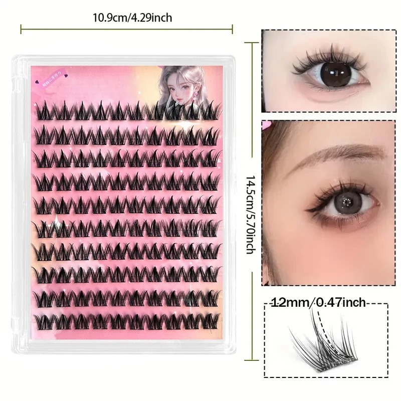 100 Cluster mit selbstklebenden Wimpern, gekräuselter und schlanker Hundestil, 12 mm natürlich verdickte dünne Streifenwimpern, selbstverlängernd – Detail 2