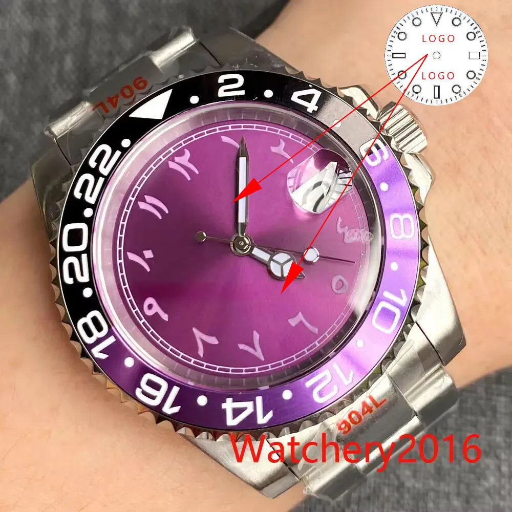 

Customized New 40mm Bliger NH35A Movement Model Mens Watch Purple Dial Sapphire Glass Luminous Ceramic Black Purple Bezel