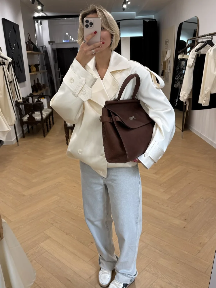 

Elegant Solid Lapel Trench Coat Fashion Lace Up Single Breasted V-neck Loose Jacket Autumn New Daily Commuting Office Outerwears