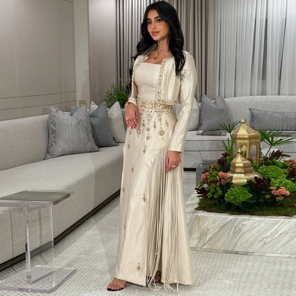 

Customized Beaded Strapless Prom Dress with Jacket Crystal Embellished A Line Wedding Guest Outfit 2 Pieces Formal Maxi Dresses