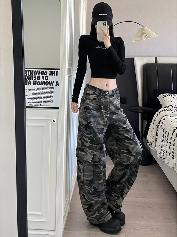 미국 레트로 카모플라주 와이드 레그 진 하이웨이스트 루즈핏 여성용 가을 스트레이트 컷 바지 캐주얼 슬릿 디테일