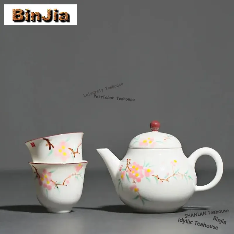 Hand-painted Peach Blossom Tea Pot Portable Travel Tea Set Kit Vintage 1 Pot 2 Cups Tea Maker Tote Bag Kung Fu Teaware Crafts