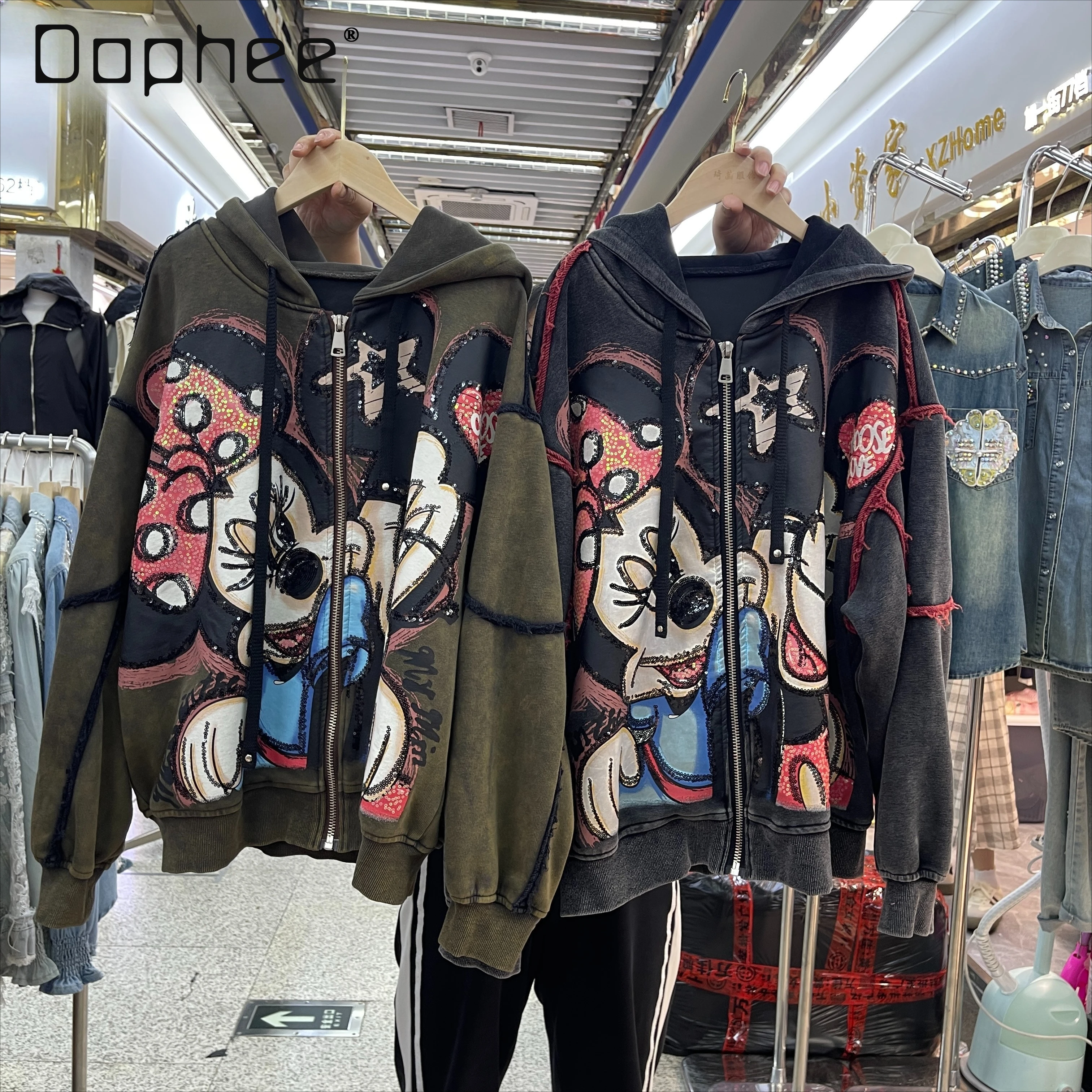 

2025 Autumn New Trendy Brand Heavy Cartoon Print Sequin Loose Fashion Hooded Sweatshirt Jacket Women's Oversized Zipper Top
