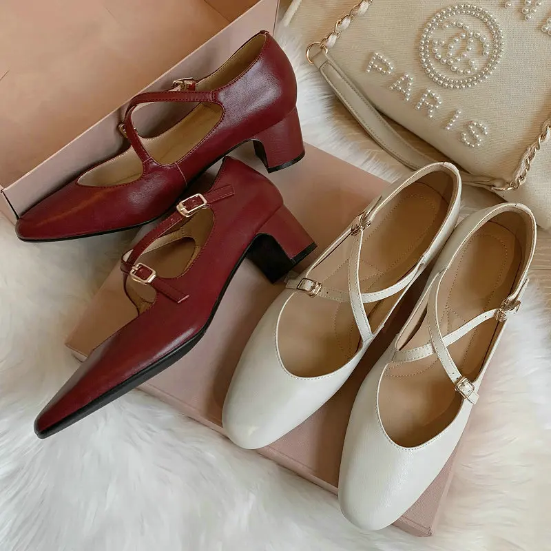 Sepatu hak sedang wanita tali silang warna krem Burgundy kulit domba asli bandul sepatu pump Musim Semi Mary Janes Jepang gadis manis