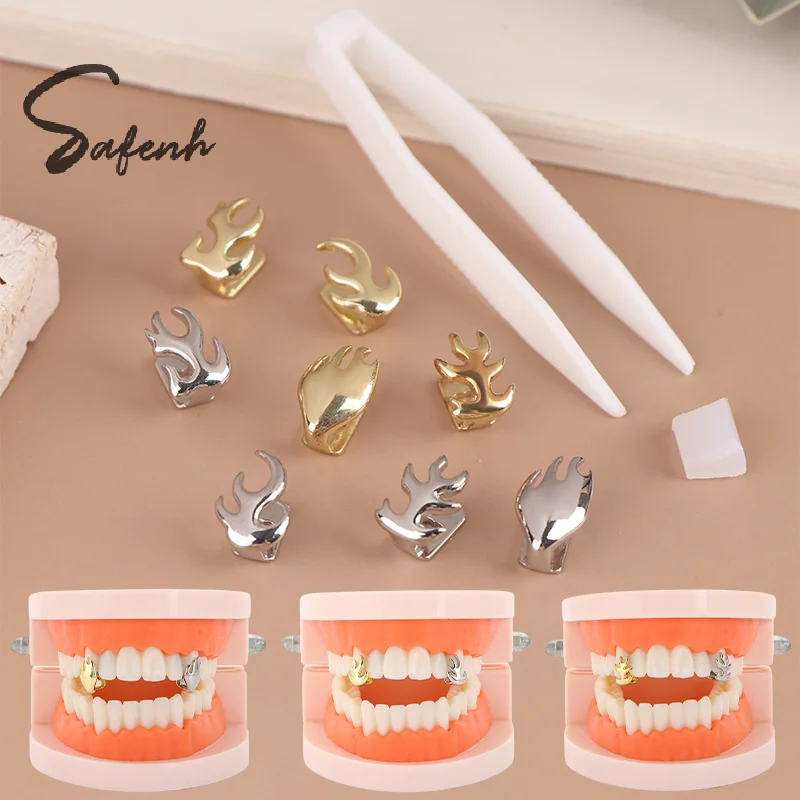 Hip Hop Braces Single Tooth Flame Teeth Punk Metal Teeth Caps Dental Fashion Jewelry Party Cosplay Teeth Grills