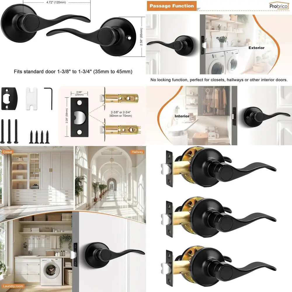 Matte Black 3-Pack Interior Door Levers, Keyless Hallway & Closet Handles, Reversible Wave Design