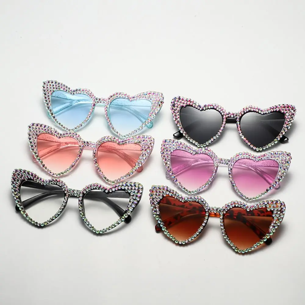 Sun-Protective Heart-shaped Sunglasses Rhinestone Decoration Hip Hop Outdoor Sunglasses Eyewear Black Shades Glasses