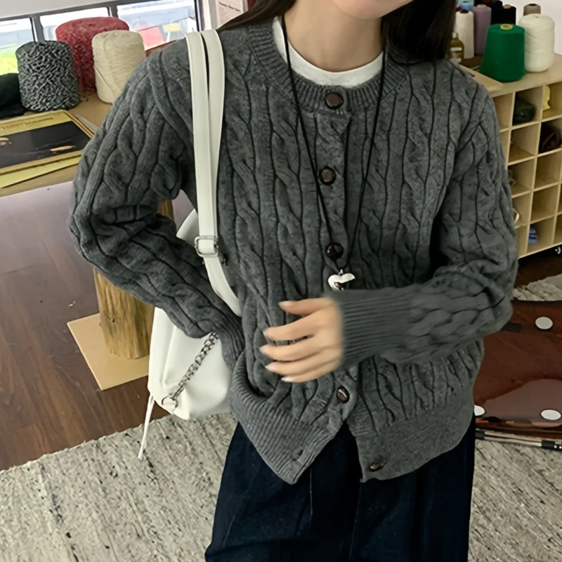 NUOVO cardigan accogliente lavorato a maglia con bottoni in stile retrò coreano chic da donna autunno o-collo a maniche lunghe lavorato a maglia giacca maglione morbido