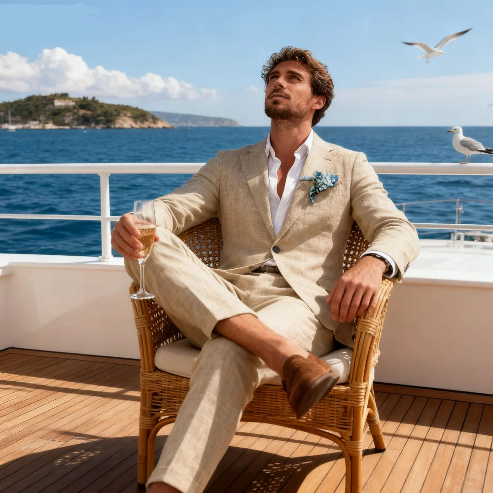 

Men's Casual Linen Terno 2-Piece Set Slim Fit Blazer And Pants Summer Beach Wedding Party Dance Groomsmen Smokin' Attire