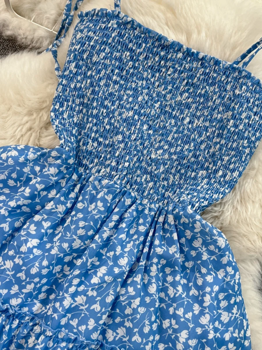 Blu Stampa floreale Maxi Dr Donna Primavera Estate Vita alta Tie Dye Strapl Abito da spiaggia Coreano Sle A-Line Midi Dr