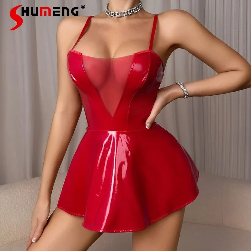 

Sexy Spliced Mesh Nightclub Sleepshirts Women's Sleevelsss PU Leather Red Nightgowns Female Underwear Short Nightdress