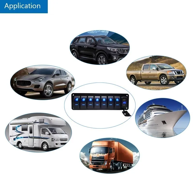 7 Gang Rocker Switch Panel Caravan Marine Boat Switch Panel Waterproof with USB Charger Voltmeter for Auto RV Vertical UTV Truck