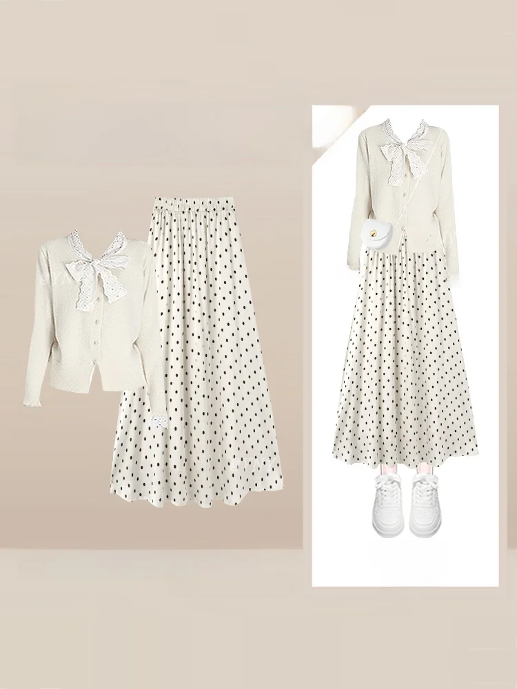 슬리밍 폴카 도트 테르 네 니트 스웨터와 스커트 세트 여성용 가을 겨울 롱 스웨트 패션 캐주얼웨어
