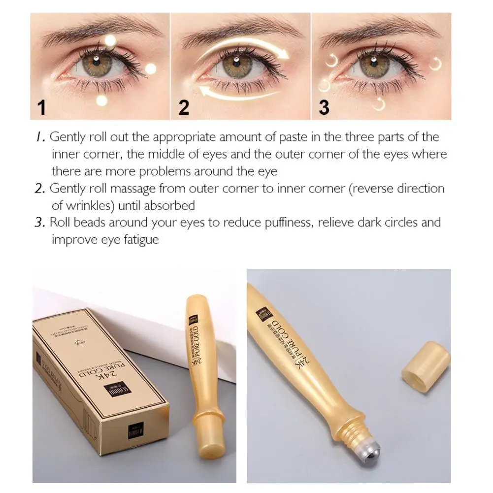 24K Gold Eye Roller, Bright Eye Cream, Soro hidratante hidratante, Círculos de cuidado com remoção escura, Anti-Puffines, O6R4, 15ml