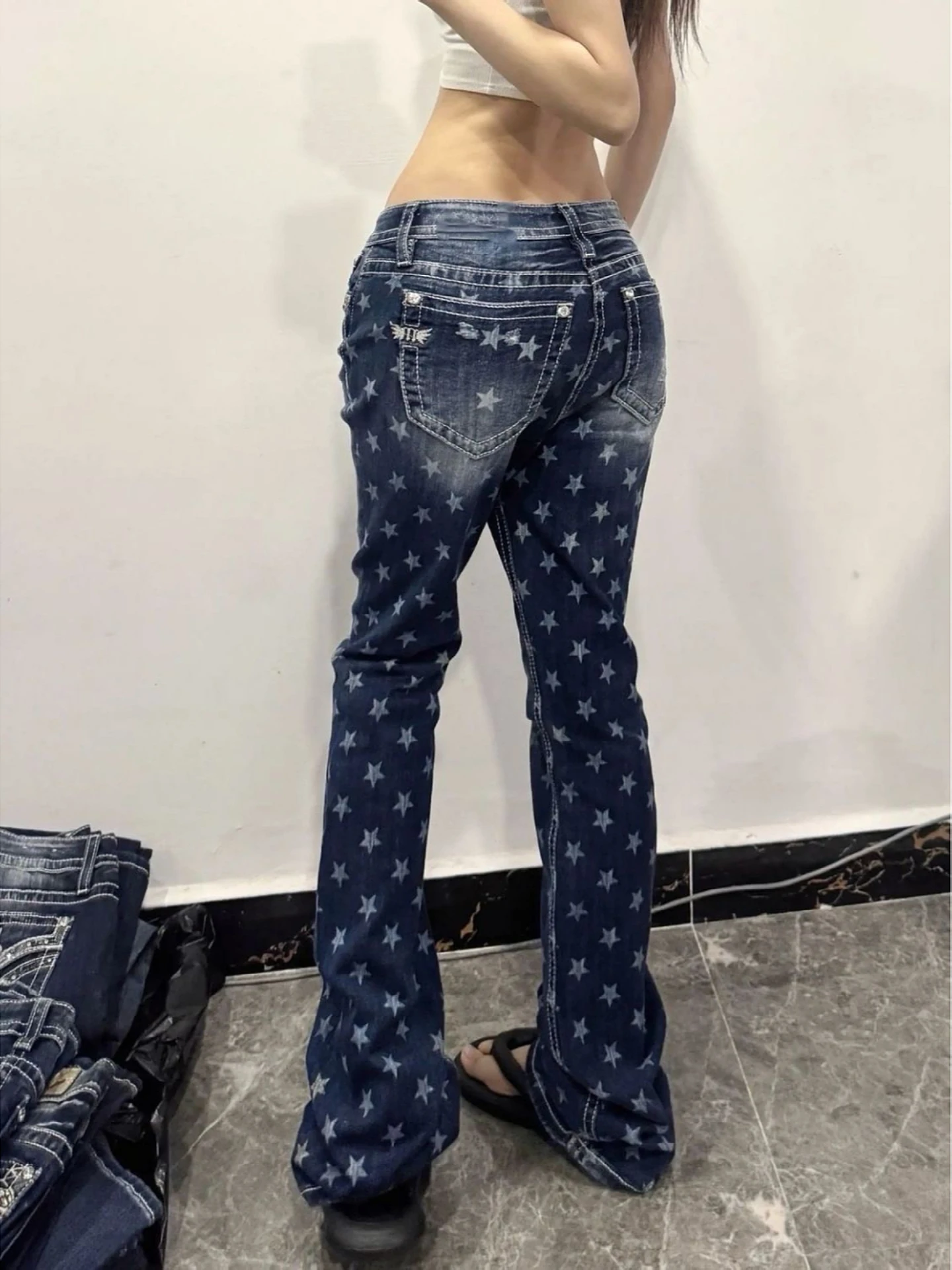 

Low Waist Slim Fit Bell Bottom Denim Jeans Women's Retro Washed Star Print Casual Straight Leg Long Pants plus Size