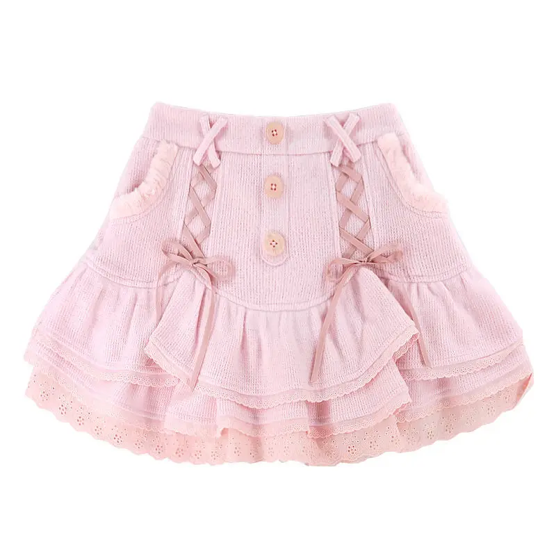 Japanese Sweet Soft Knitted Skirt Women Pink Lace Designer Casual Mini Skirt Spring Korean Party High Waist Vintage Clothes 2022