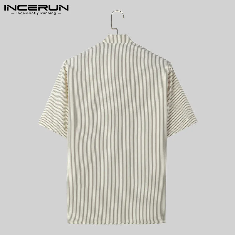 INCERUN-camisa a rayas para hombre, ropa de calle informal de manga corta con cuello levantado, estilo coreano, a la moda, S-5XL de verano, 2024