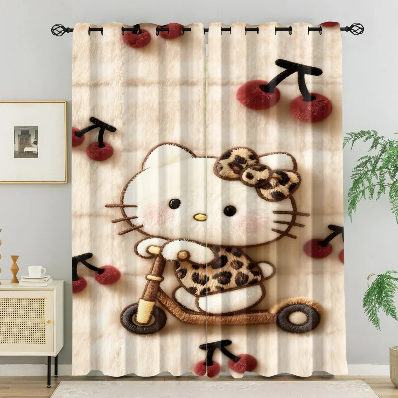 

Sanrio Hello Kitty Kawaii Window Curtains Cute Leopard Cherry Cartoon 3D Print Drapes for Y2K Girls Bedroom Fashion 2 Panel Set