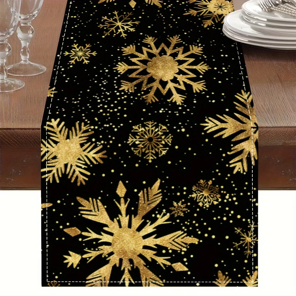 1 Piece of Black Gold Snowflake Christmas Table Runner, Black Background with Golden Snowflakes and Gold Dot Pattern, Suitable for Christmas Dinner, Holiday Party, Accessible Luxury Home, Theme Cafe, Classy B&B, Christmas Market, Business Banquet, New Year Decoration