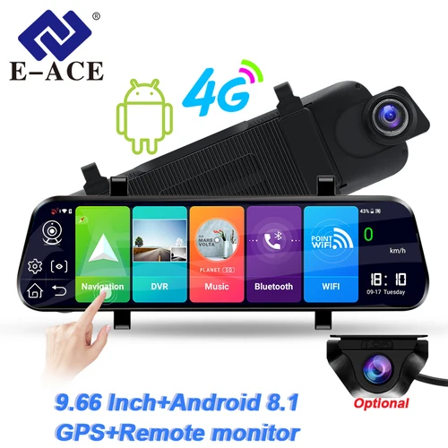 Imagen 1 del producto E-ACE Dvr de coche FHD 1080P 4G Android 10 pulgadas transmisión ADAS registrador opcional 1080P espejo retrovisor cámara de salpicadero grabadora de vídeo Dvr