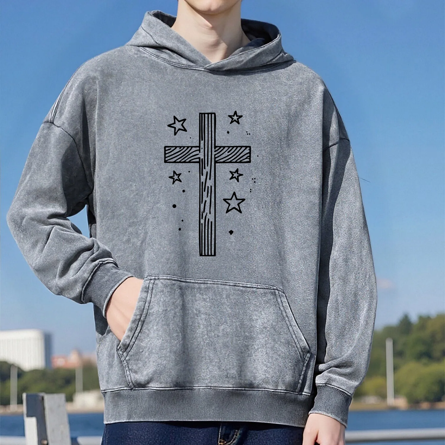 سويت شيرت بقلنسوة بنمط كروس ريترو مغسول للجنسين كاجوال بنمط رياضي مصنوع من القطن الخالص طراز الشارع 400 جرام #1