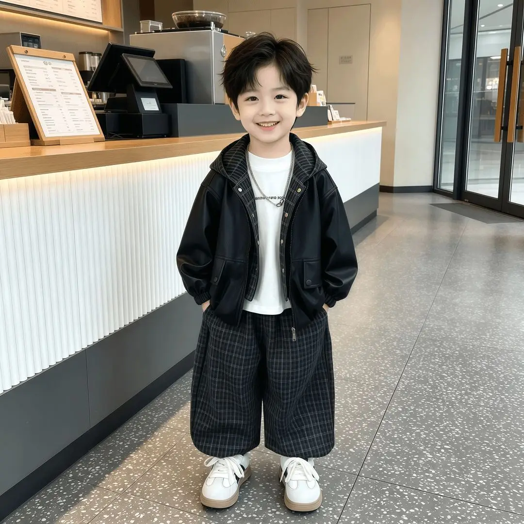 2026 Boys Autumn Clothing Set Faux Leather Jacket Plaid Wide Leg Pants 2 Piece Outfit Cool Kids Hooded Coat