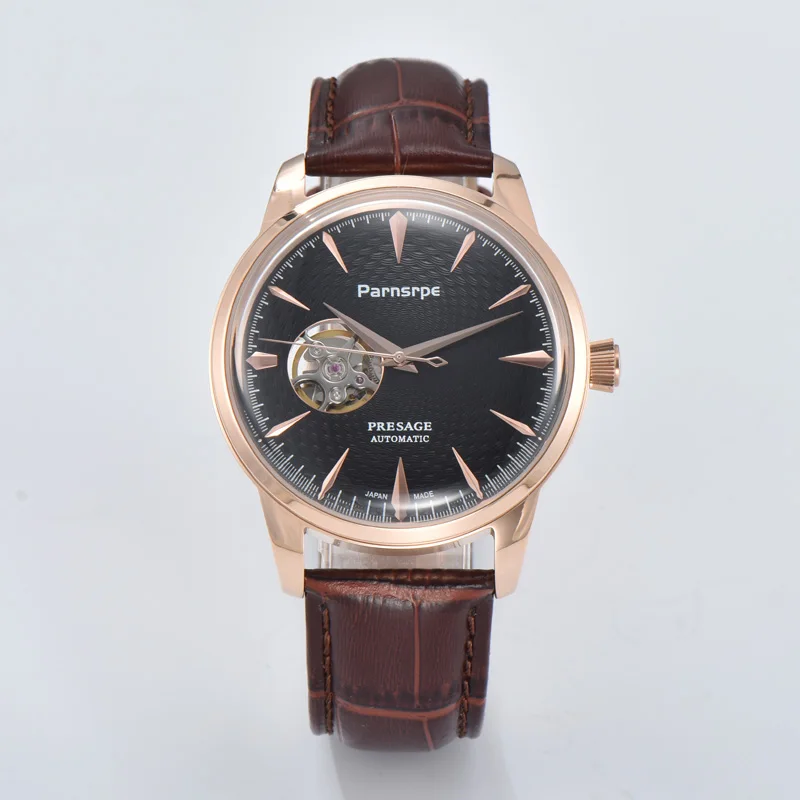 

Мужские автоматические механические часы 40 мм NH38A, корпус из нержавеющей стали, кожаный ремешок, асептический циферблат-скелетон, классические мужские часы