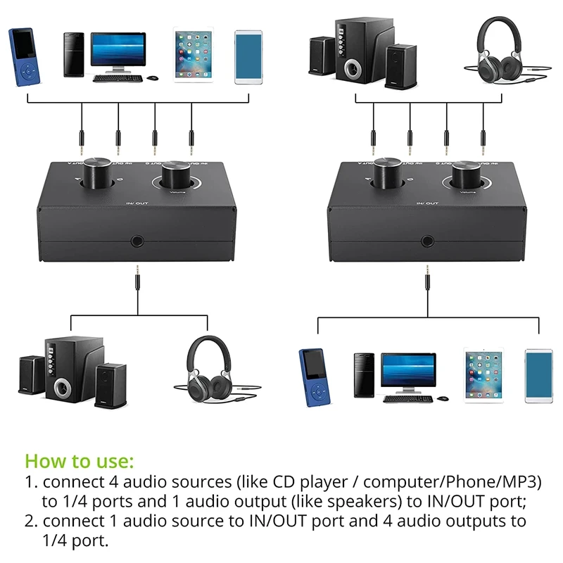 4 Port 3.5Mm Stereo Audio Switcher Support 1 In 4 Out Or 4 In 1 Out For PC Phone Laptop Headphone