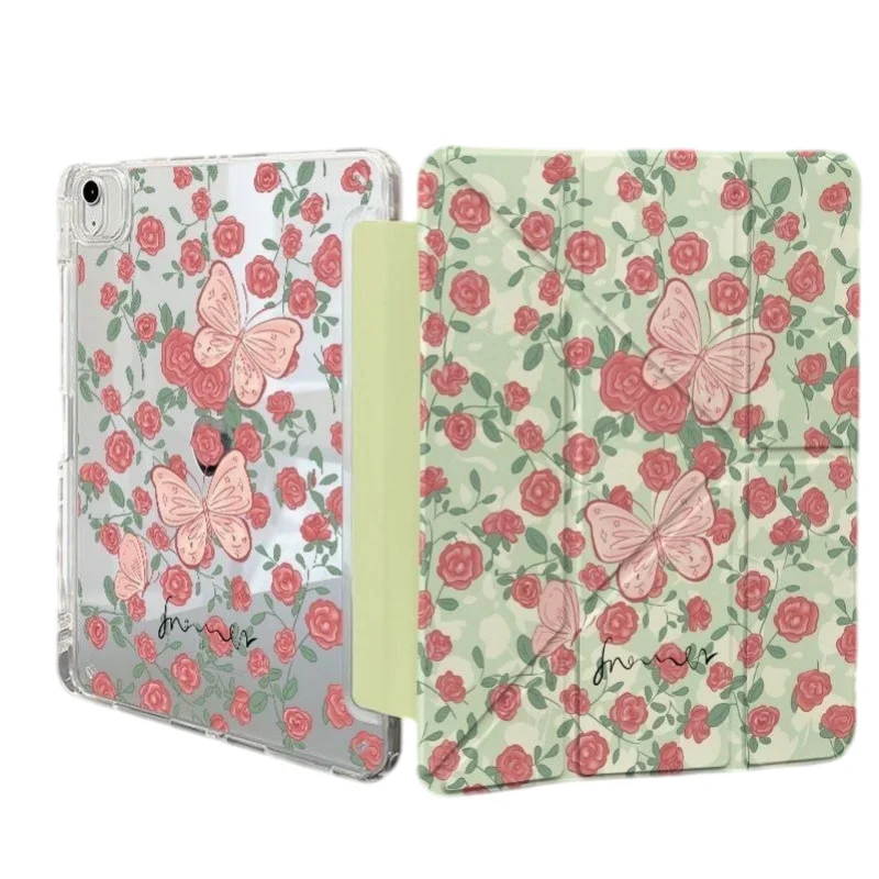 Summer Rose Butterfly Flower Pen Slot Tablet Case For iPad 2026 Air 8 7 6 4 3 2 1 Pro 2024 11in 12th 11 10 9 8 7 6 5th Cover