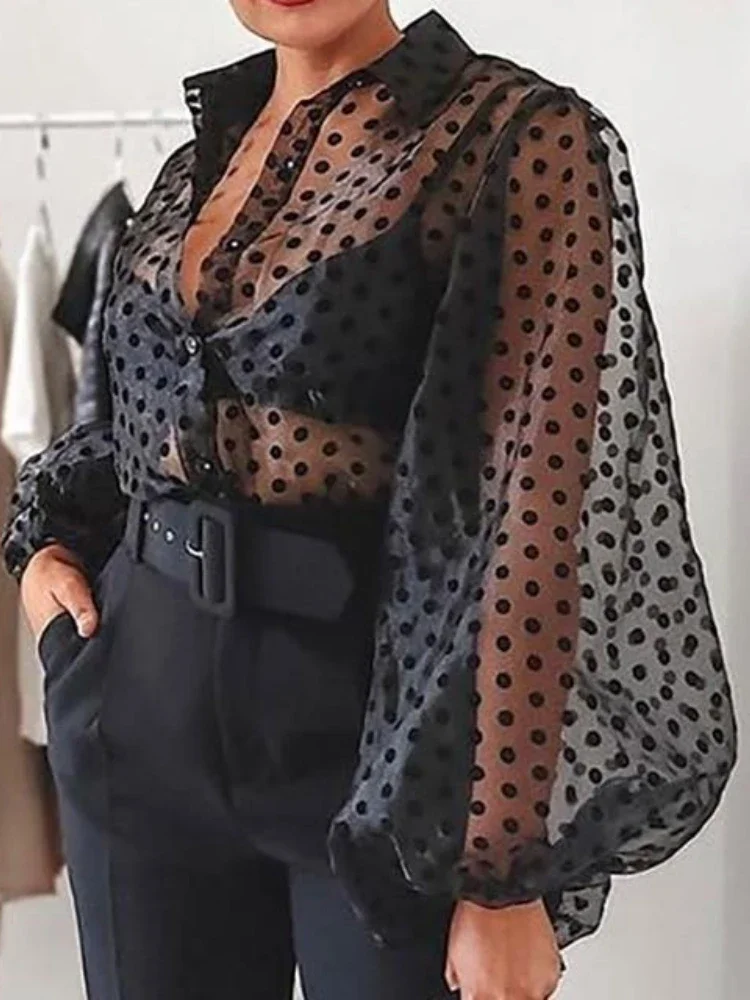 

Women Black Tulle Blouses Polka Dots Print Button Down Long Lantern Sleeve Shirt Tops Elegant Classy Plus Size Trendy Club Wear