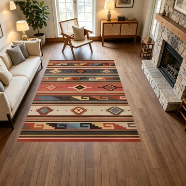 Southwest Ethnic Striped Geometric Square Carpet Non-Slip Floor Mat Suitable for Living Room, Bedroom, and Home Decoration