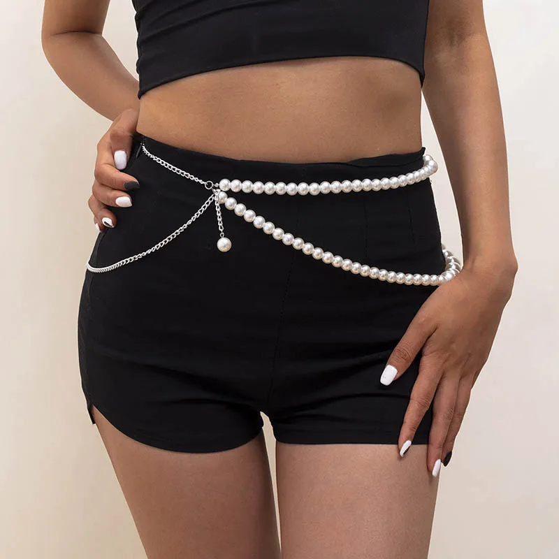 Sexy Geometric Pearl Waist Chain For Women Double Layer Beads Chain Belt Streetwear Summer Fashion Body Jewelry